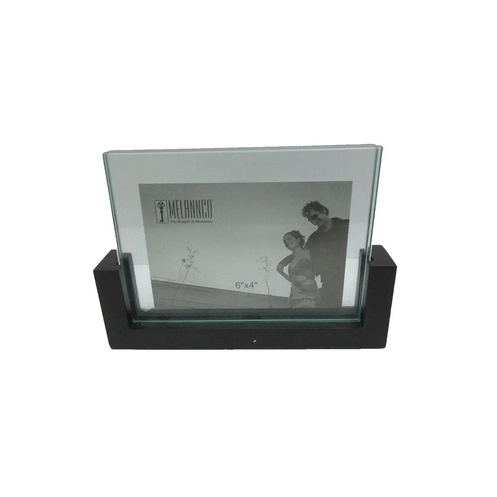 Melannco Floating Glass 6x4 Picture Frame W/Dark Walnut Wood Base W/Box
